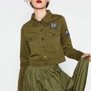 Zara military green cropped jacket w/ butterfly